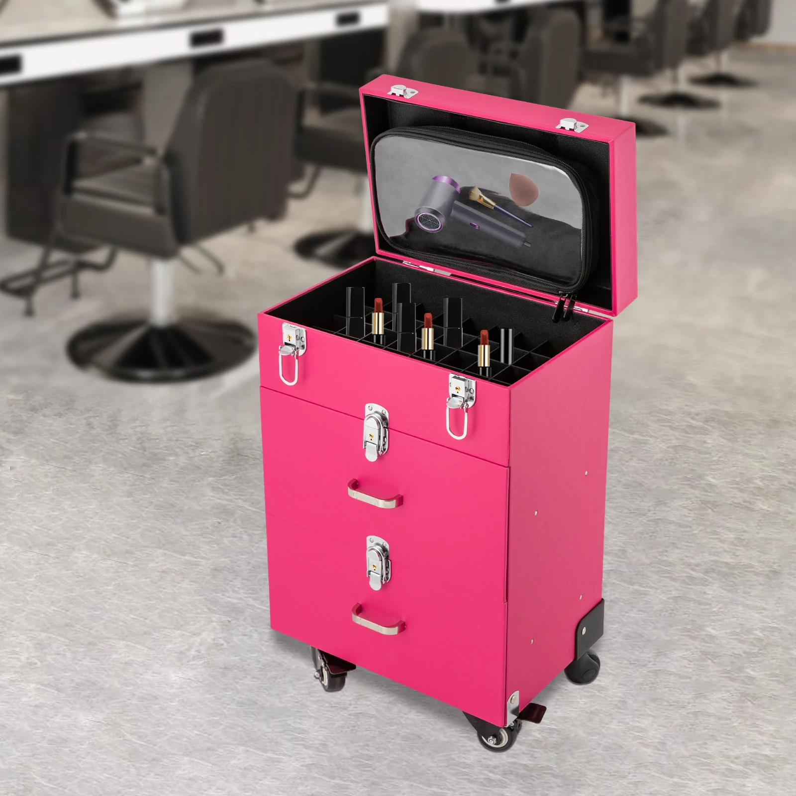 Rolling Pro Large Makeup Trolley Travel Cosmetic w/ 4 Wheel Nail Polish Organizer Storage Makeup Train Case with 2 keys