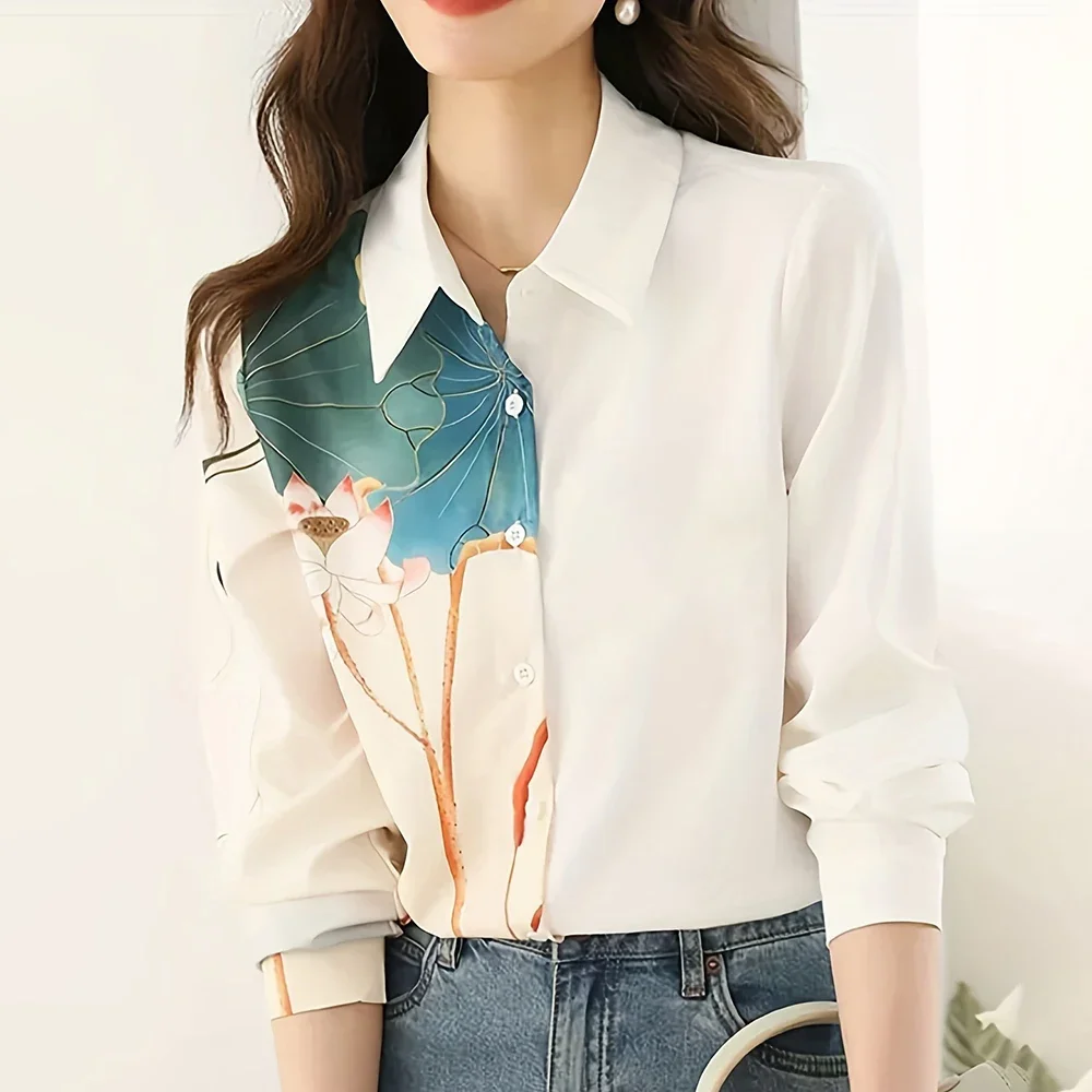 

Women'S Simple Shirt Women'S Plus-Size Lapel Button-Up Shirt Hawaiian Vacation Casual Top Vintage Lotus Print Long-Sleeved Shirt