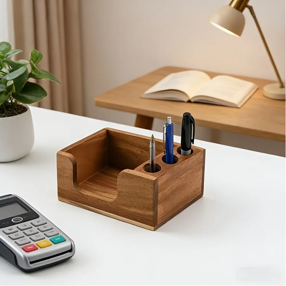 Nordic Style Wooden Desk Organizer Rectangular Non-slip Sticky Note Holder Polished Surface 3 Pen Slots Sticky Note Stand