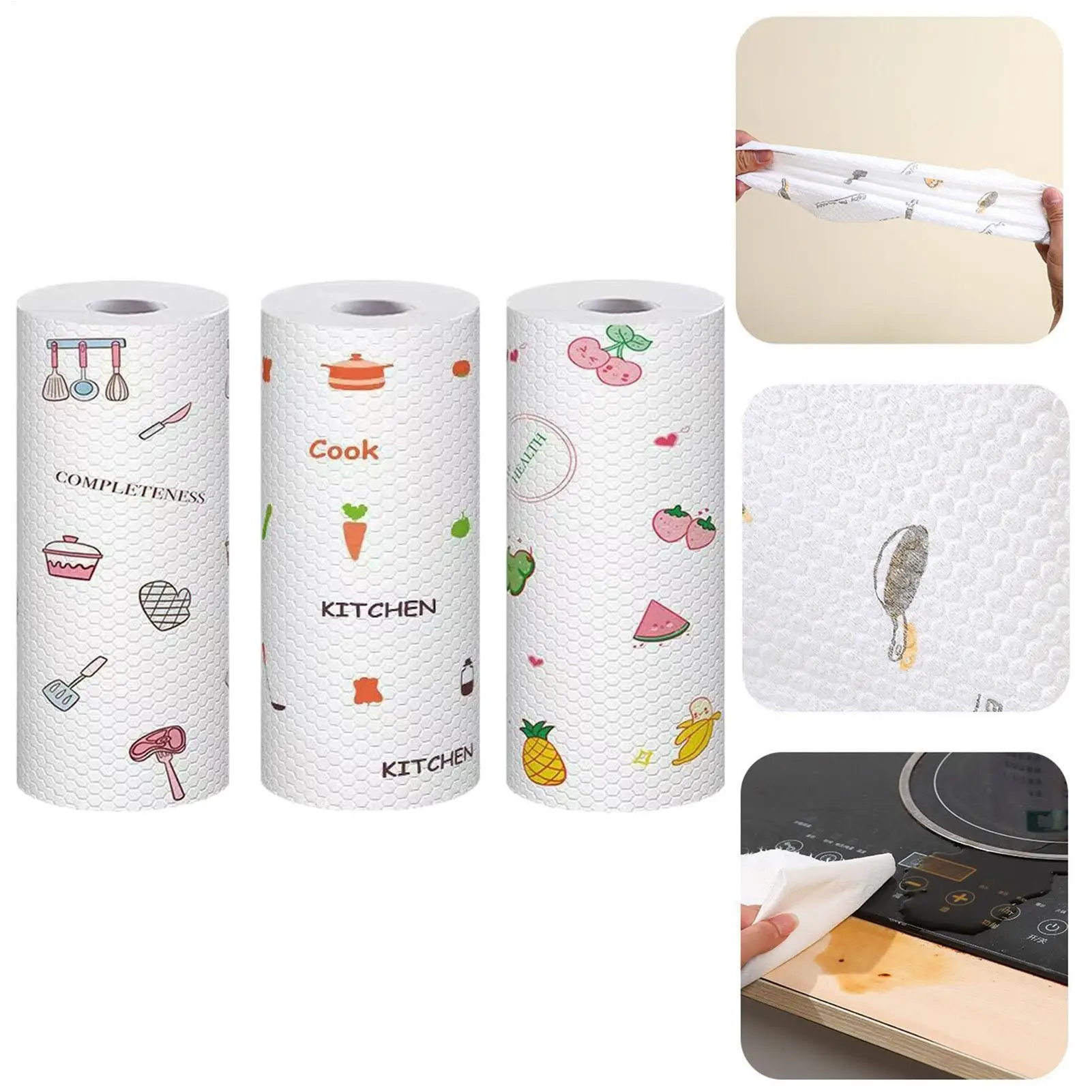 1roll Absorbent Kitchen Paper Towels Tear-Off Cleaning Towels 100 Sheets Playful Washable Paper Towels For Kitchen Cleaning