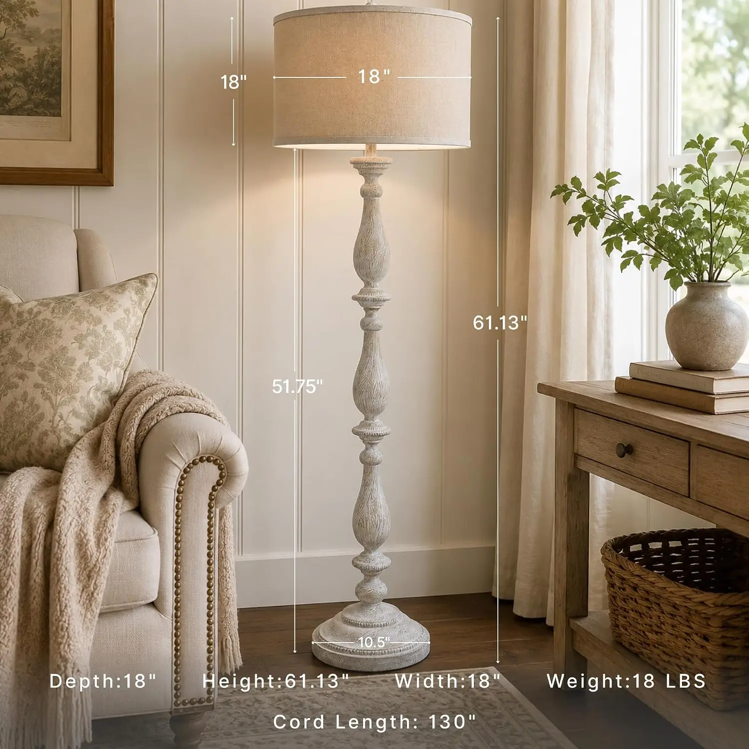 Signature Design by Ashley Bernadate Cottage Candlestick Design Poly Floor Lamp, 3-Way Switch, Cast Resin & Fabric Drum Shade, 1