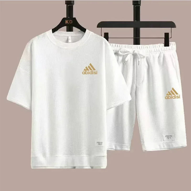 

Men's 2025 sportswear Short sleeve waffle fabric fashion casual wear T-shirt + shorts two-piece set