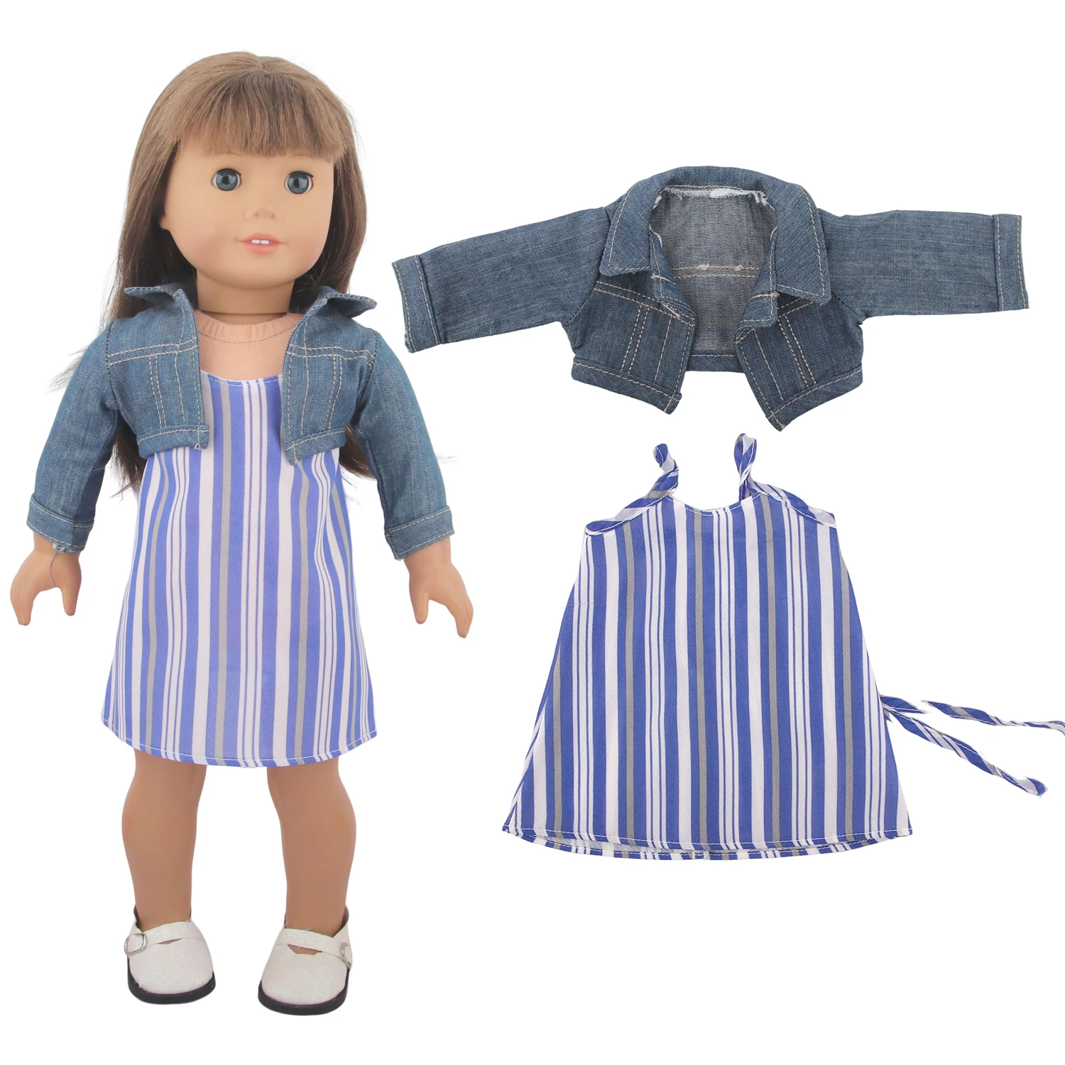 Blue Striped Suspender Skirt+Coat Clothes Set For 18 Inches American&43cm Baby New Born Girl Doll,For Russia DIY Doll Toy