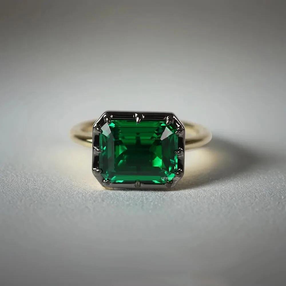 

LETMEXC 10K Gold Lab Grown Emerald Gemstone DiamondGypsy Style Black Ring