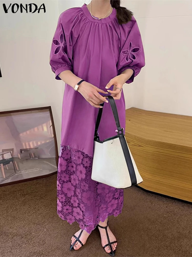 

VONDA Elegant Solid Color Maxi Dresses For Women Party Vestidos 2025 Fashion Puff Sleeve Lace Long Sundress Casual Korean Robe
