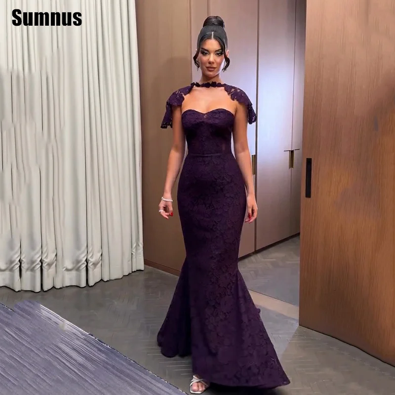 

Sumnus Elegant Mermaid Evening Dresses Sweetheart Purple Lace Sleeveless Floor Length Formal Dresses With Cape Gala Customized