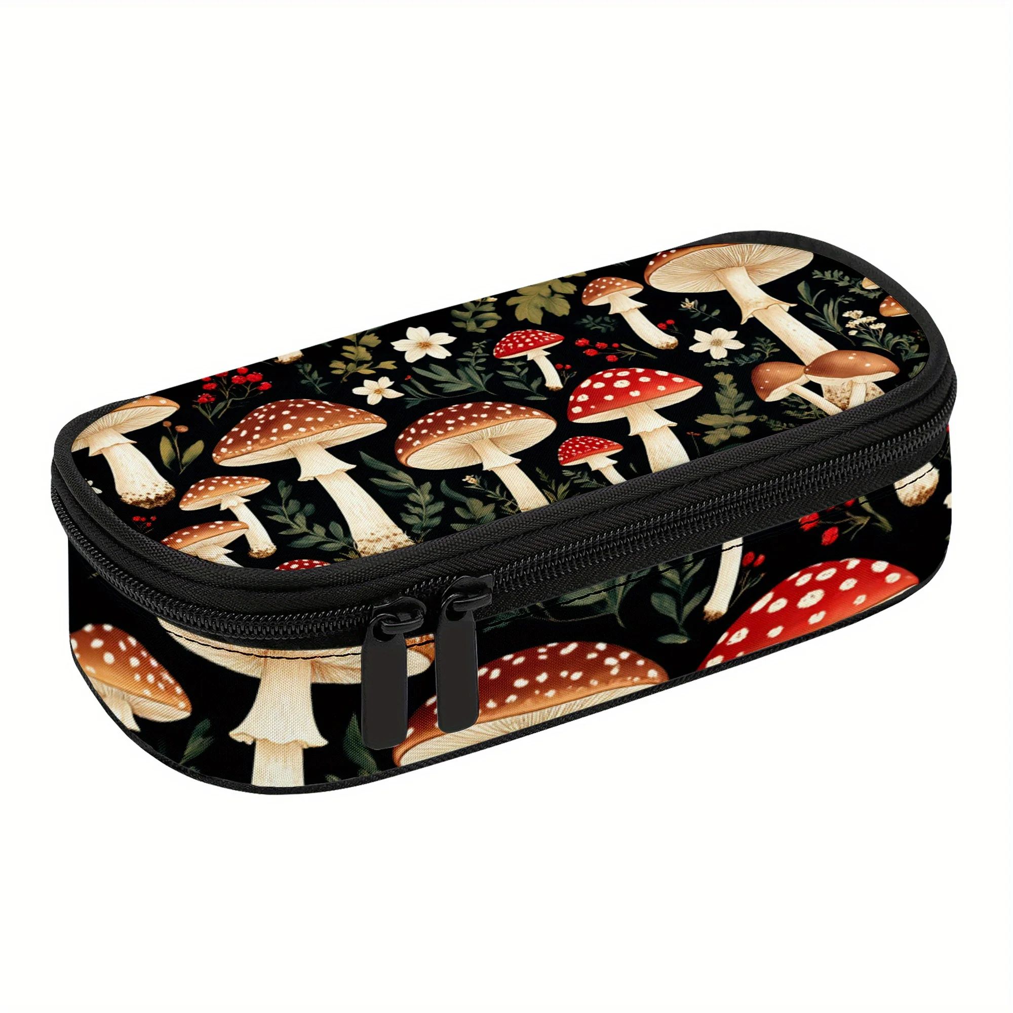 Mushroom Floral pencil case, Toadstool Green pencil pouch, Fungi White pencil bag with Zipper Compartment, Amanita Red