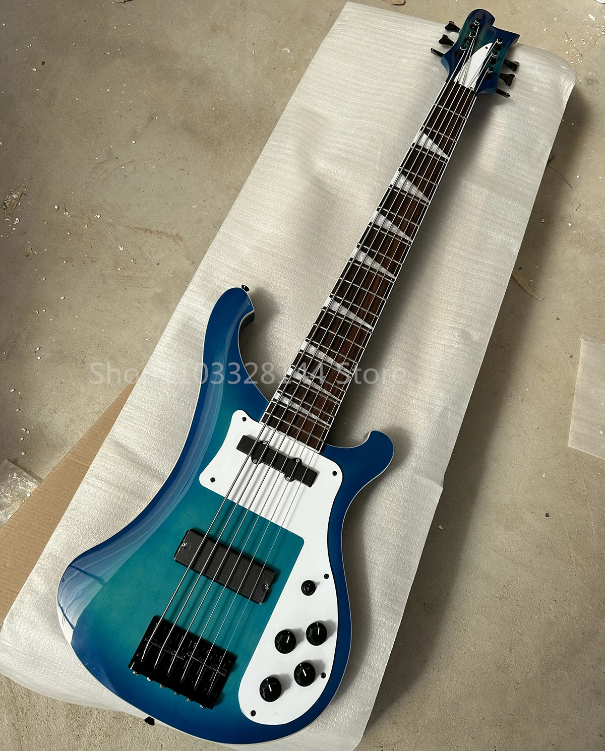 Factory Blue Burst 6 Strings Electric Bass Guitar White Pickguard Rosewood Fretboard Black Hardwares Customizable