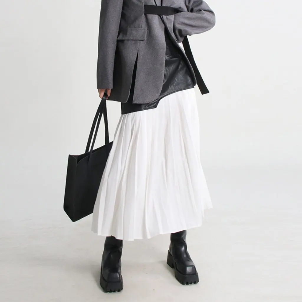 

Women's High Waist Pleated Leather Skirt Mid-Length Street Style Summer Fashion Splicing Mesh Detail New Arrival