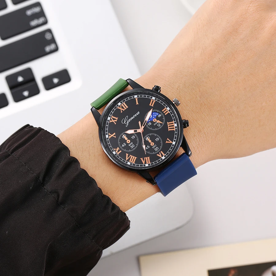 

Новые модные нишевые роскошные простые мужские часы с тремя глазами и циферблатом, силиконовый двухцветный ремешок для парня