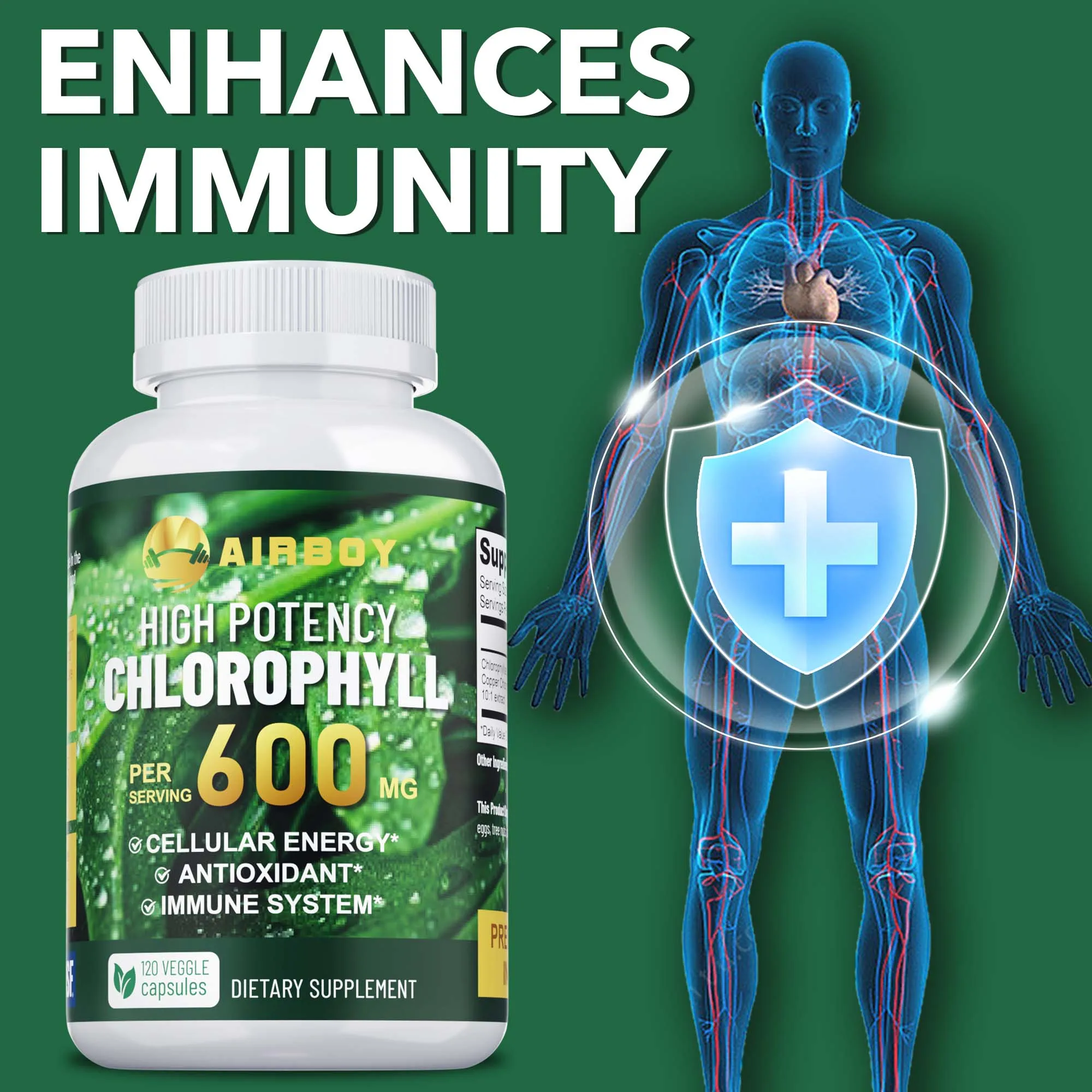

Chlorophyll 600mg - Supports The Immune System, Improves Skin, Improves Digestion, Reduces Body Odor and Bad Breath