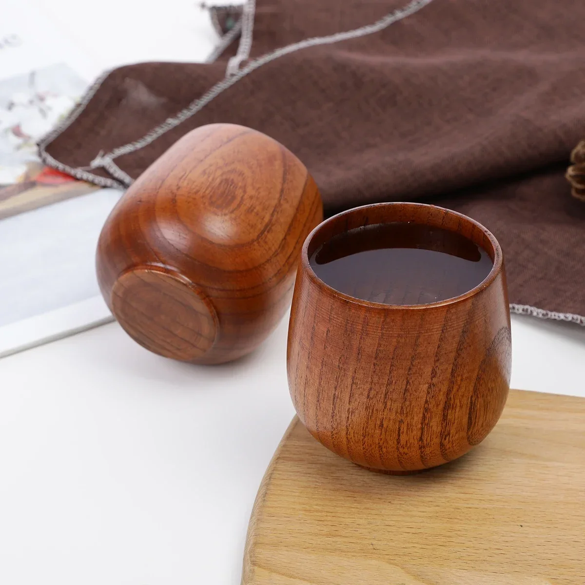 1pc Handcrafted Retro Style Wooden Tea Cup, Durable Outdoor Camping Water Cup With Irregular Pattern