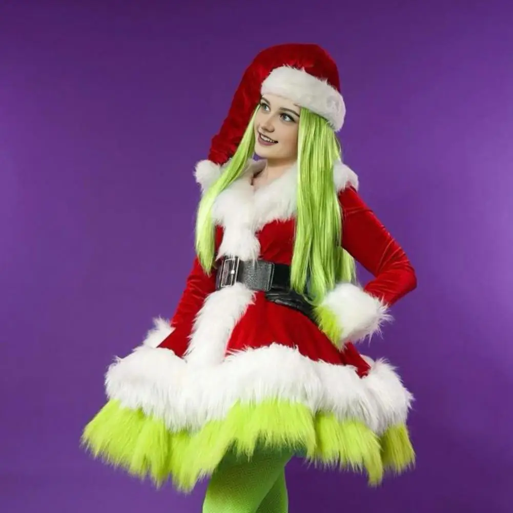 Conjunto de trajes y sombrero de señora Claus, disfraz de Papá Noel peludo de terciopelo, vestido de Navidad para mujer, ropa de señora Claus para fiesta de Navidad, Cosplay