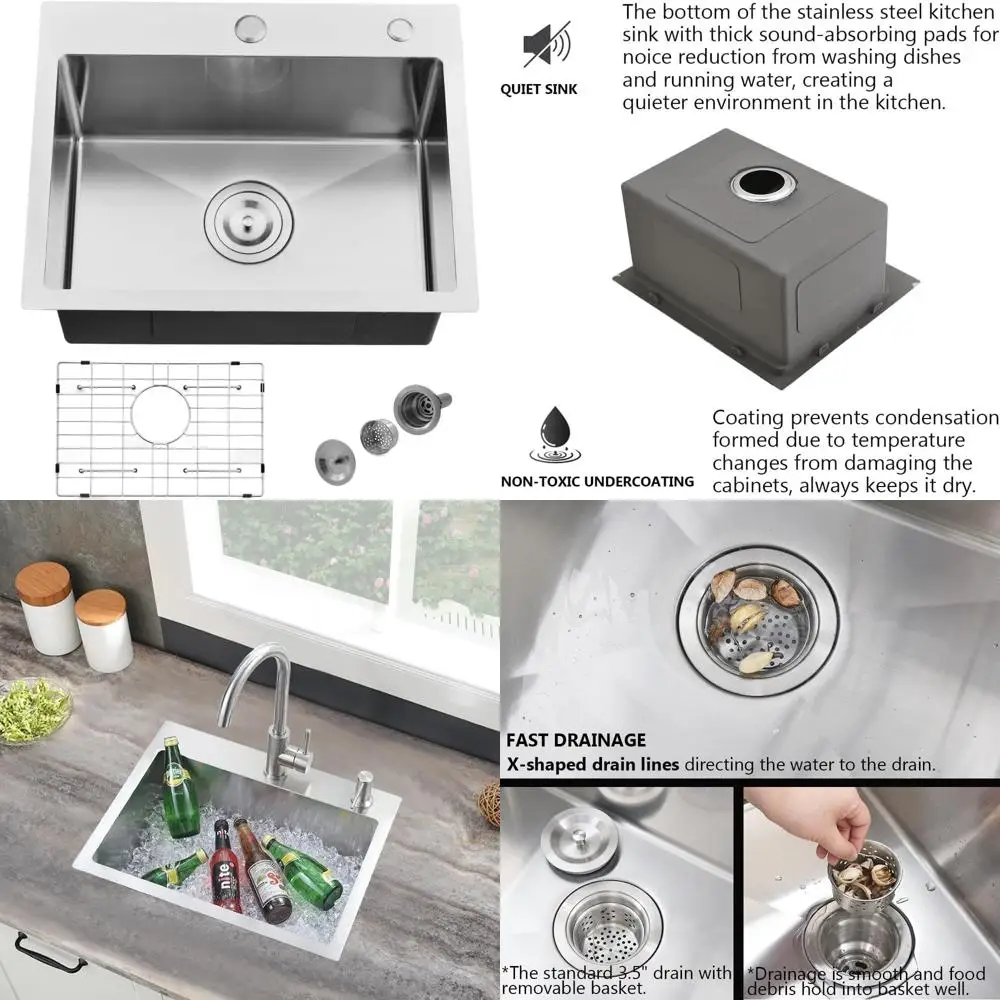 

20 Drop-In Single Bowl Stainless Steel Kitchen Sink, 16 x 16, 16 Gauge, Deep Basin