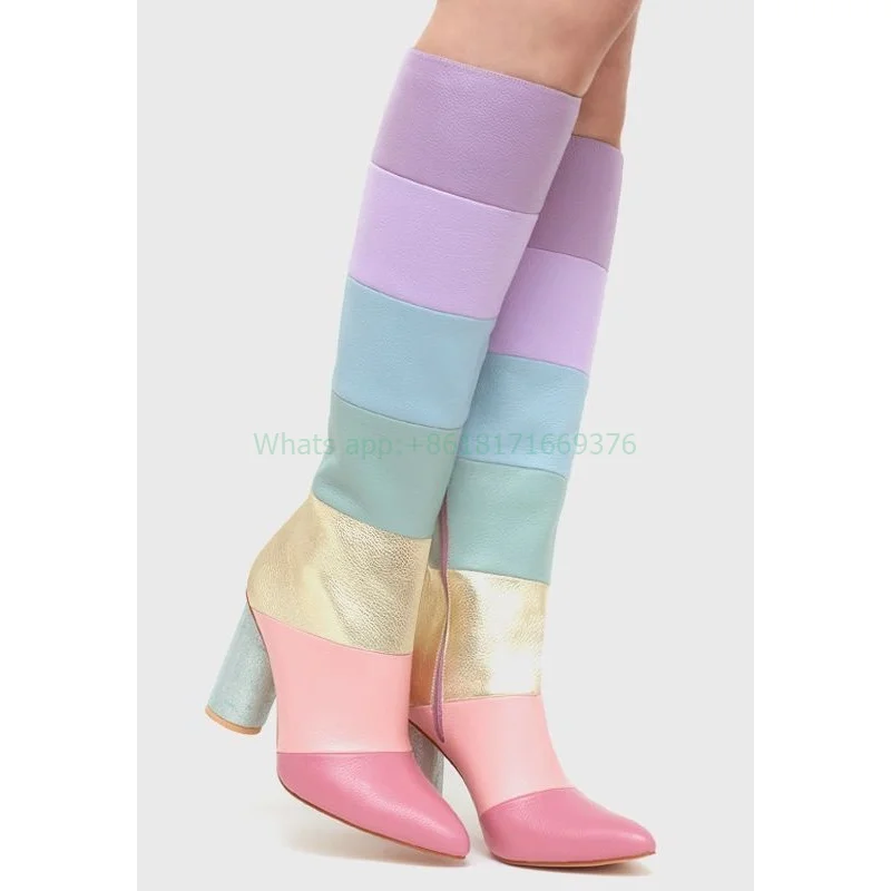 Patchwork Knee High Rainbow Muticolor Boots Women Chunky High Heel Pointed Toe Fashion Boots New Design Leather Dress Lady Shoes