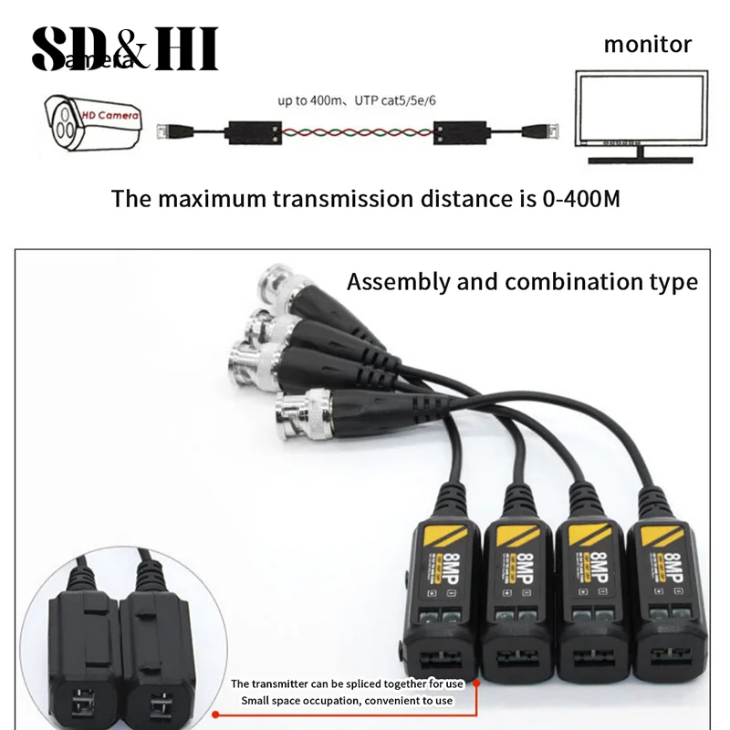 1 Pair Support AHD/CVI/TVI 8MP 4K Camera Cat5e/ Cat6 UTP Cable Connectors Twisted BNC CCTV Video  Passive Transceivers