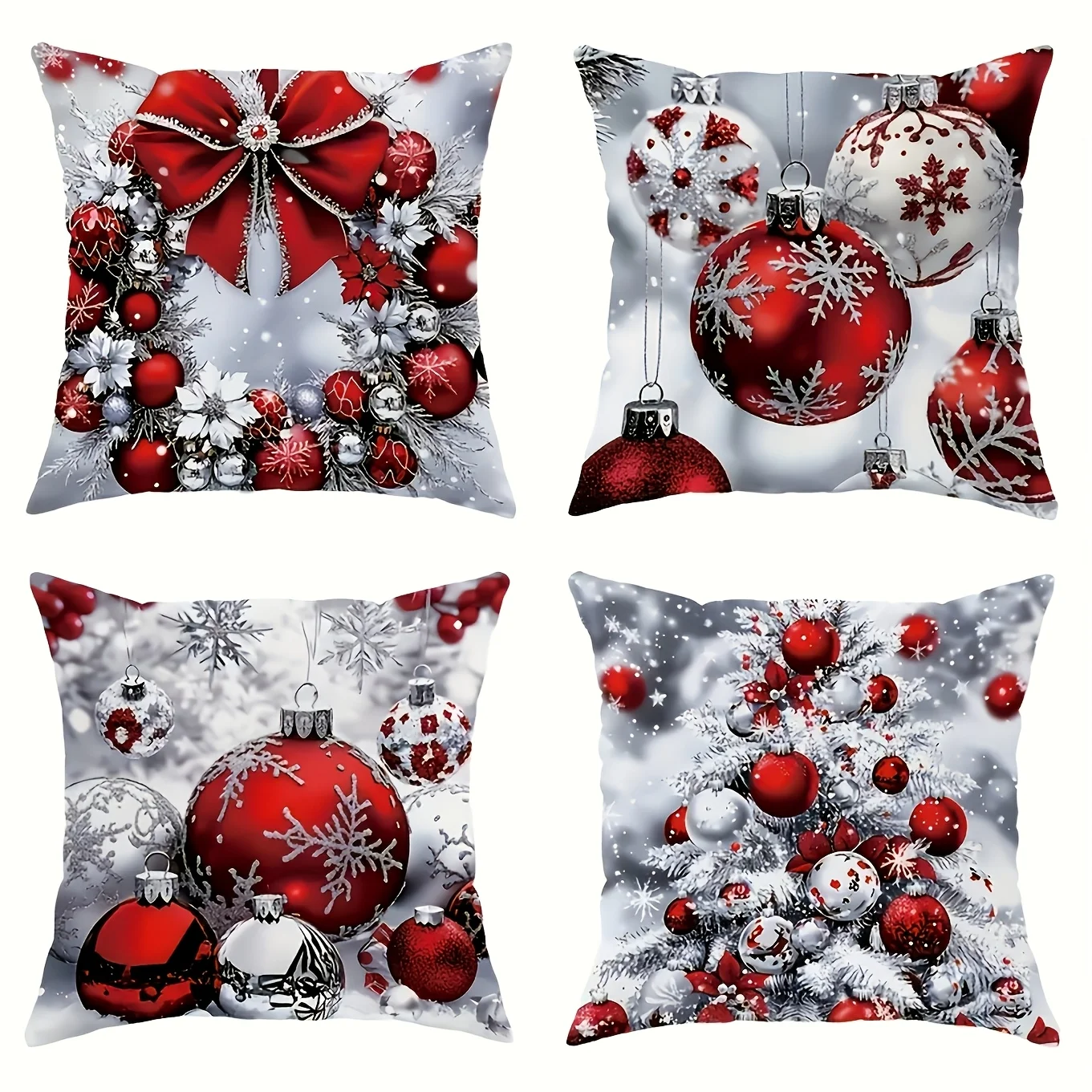 4PCS Christmas Pillow Covers, Modern Red Silver Ball Wreath Tree, Polyester Zipper for Sofa Living Room, Single Side Print