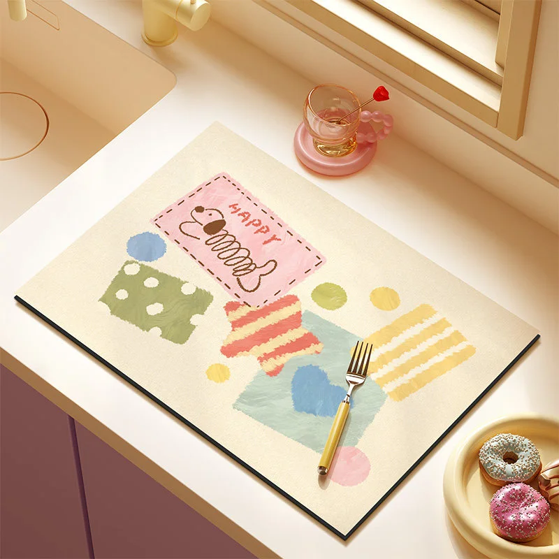 VIKAMA Cute Cartoon Cat And Dog Tableware Anti Slip Drying Mat, Colorful Splicing Water Absorbing Drainage Home Decoration