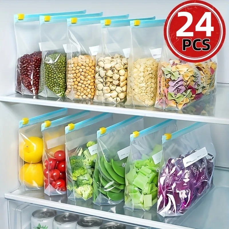 24Pcs Reusable Ziplock Food Storage Bags, Leakproof Freezer Bags for Fruit, Meat and Vegetables