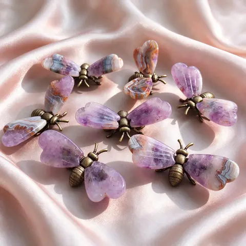 Natural Amethyst Agate Bee Figurine Antique Small Tabletop Ornament Home Desk Decoration Mineral Specimen Collection Gift