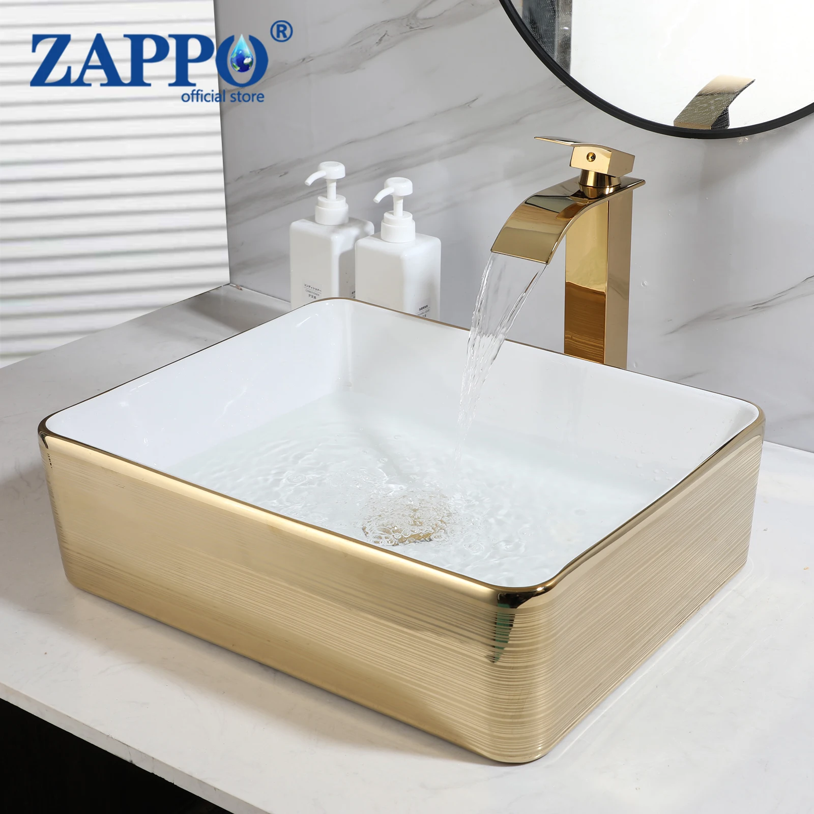

ZAPPO Huge Bathroom Vessel Sink Striped Gold Ceramic Sink Bowl Above Counter Vanity Sink Faucet Set Bathroom Artistic Wash Basin