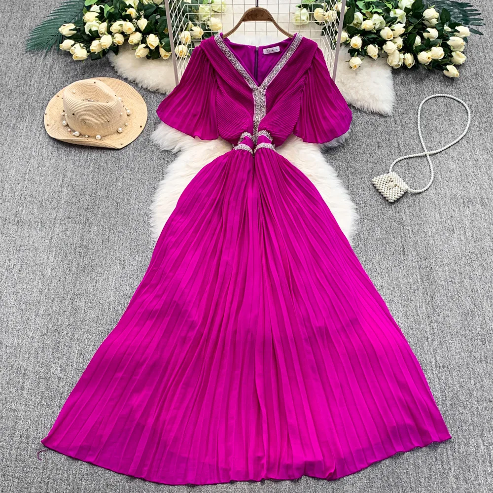 UNI 2025, Sommer Kristall Lose Kurzarm Maxi Plissee Chiffon Kleid Für Frauen Elegante Prom Abend Party Lange Kleider Dame