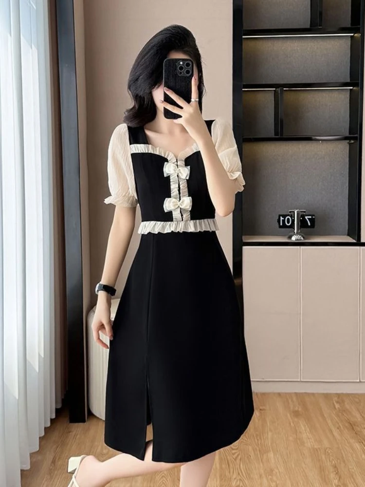 

Oversized 2025 Summer New Dress Fake Two Piece Bow Ruffles Patchwork Puff Sleeve Dresses Fashion Elegant Design Women's Clothing