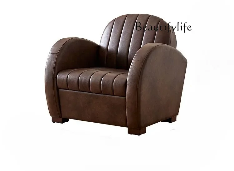 French Retro Leather Solid Wood Lazy Sofa Single Small Apartment Living Room Recliner Sofa Lazy Bone Chair