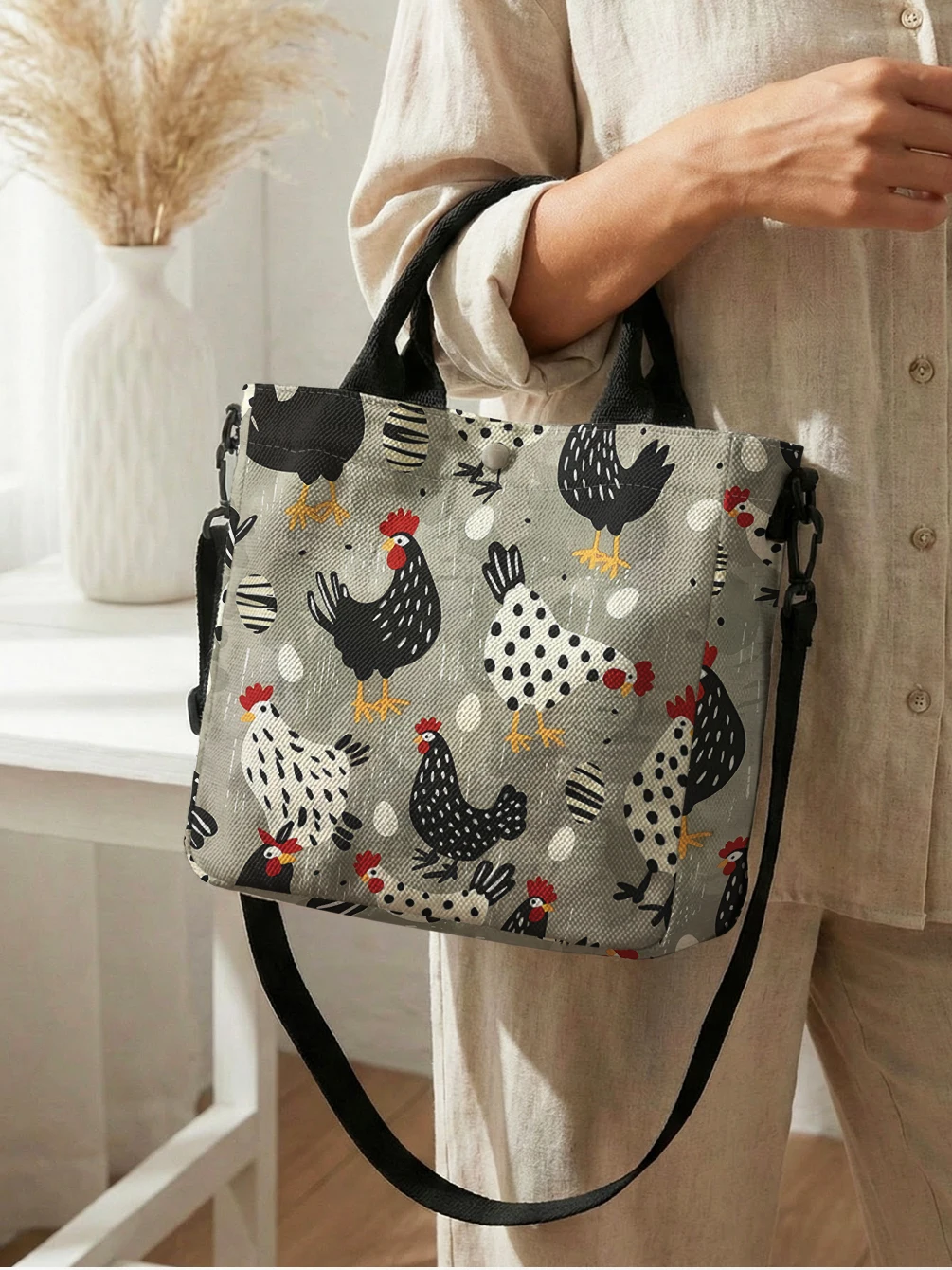 Cute Spotted Hen Chicken Egg Print Canvas Tote Bag Detachable Strap Crossbody Handbag For Women Daily Shopping view 3
