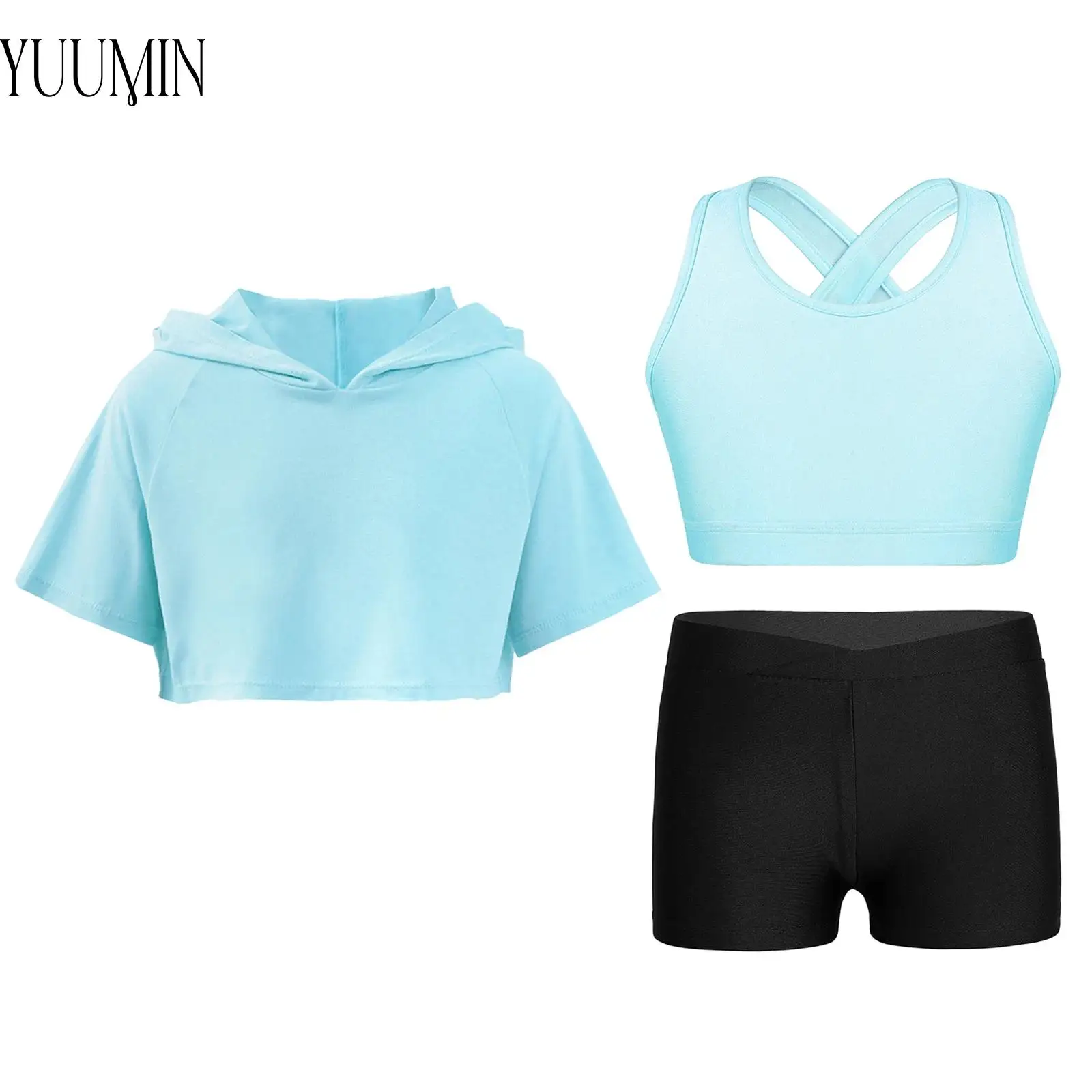 

Детский дышащий спортивный костюм для девочек, жилет с капюшоном, укороченный топ, шорты, комплект спортивной одежды из 3 предметов для танцев, йоги, бега, велоспорта, тренировочный костюм