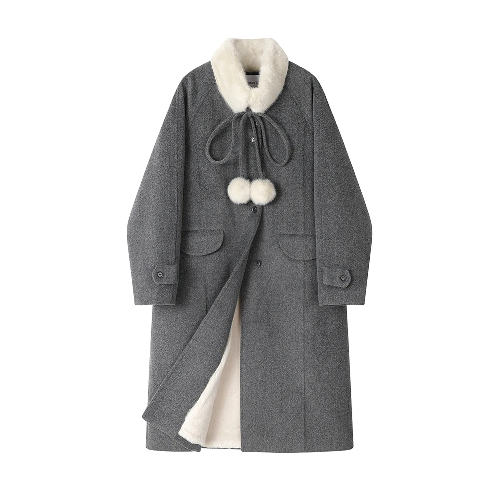 

Women Mid Long Fleece Lined Thick Wool Coat Winter Warm Hepburn Style Overcoat with Faux Fur Collar Pom Pom Bow Jacket