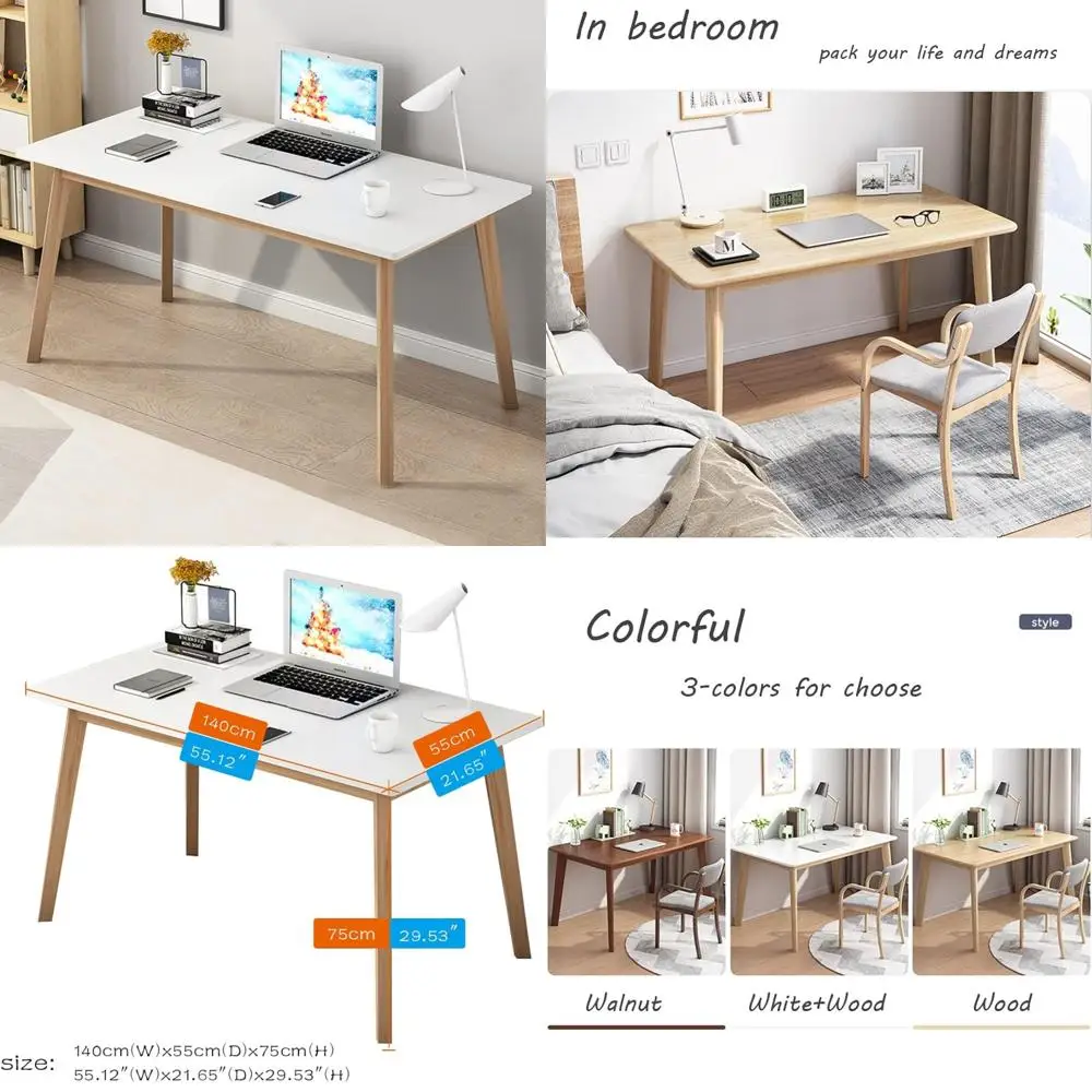 

Modern Minimalist Wooden Writing Desk - 55 Wide Home Office Workbench for PC Laptop with Solid Wood Legs