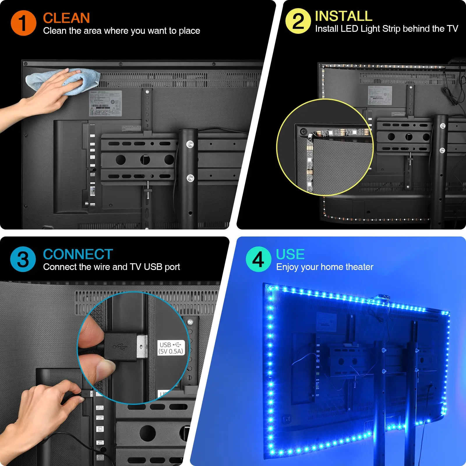 LED TV Backlights com câmera, faixa de luz LED com controle remoto para luzes de jogos, iluminação ambiente, 55-65 \