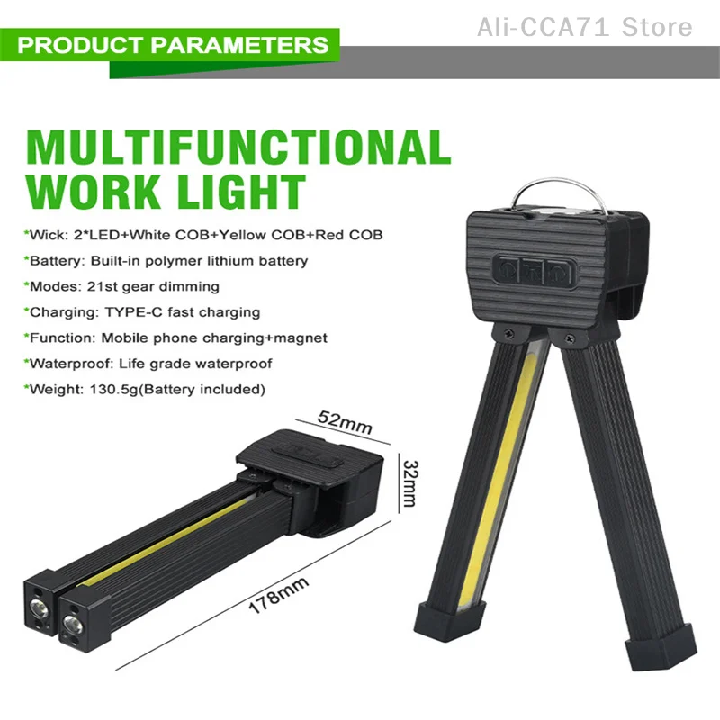 Rechargeable LED Work Lights 4 Modes Foldable Flashlight With Magnetic Hanging Hook COB Tent Lamp USB Rechargeable Flashlight