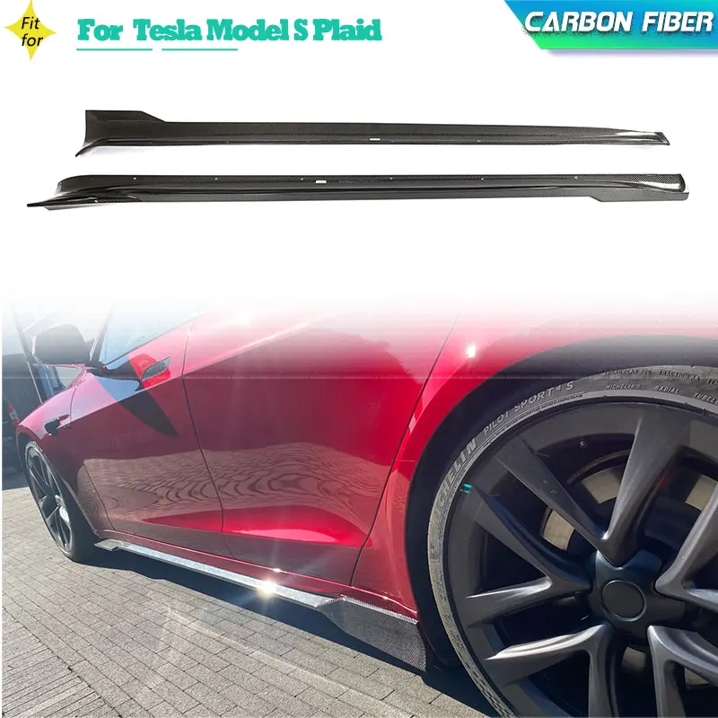 Carbon Fiber Car Side Skirts Extensions for Tesla Model S Plaid Sedan 2021-2023 Racing Side Door Bumper Apron Lip Body Kits