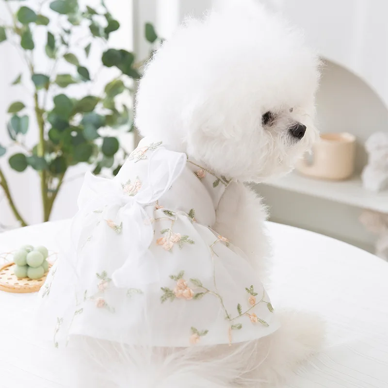 Dog Dress Summer Breathable Lace Embroidered Flowers Double Layered Princess Dress for Cat Teddy Small Medium Dog Pet Clothing