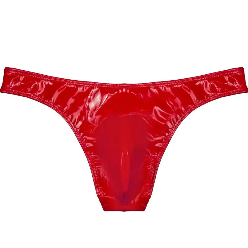 رجل مثير مشرق السلس بولي PU فو الجلود منخفضة الخصر الحقيبة سلسلة ملخصات ثونغ سيسي T-الظهر المثيرة الملابس الداخلية عبر مضمد كوس