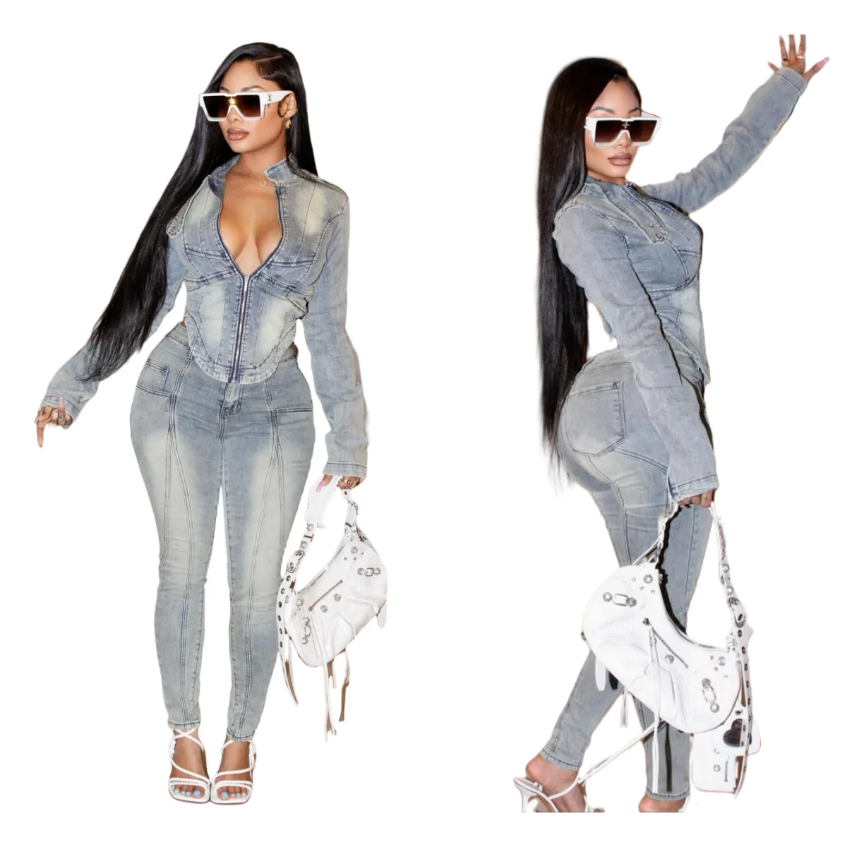 Women Set Autumn Winter Fashion Long Sleeve Stretch Denim Jacket And Jeans Pants Suit Casual 2 Piece Set Women'S Denim Outfits