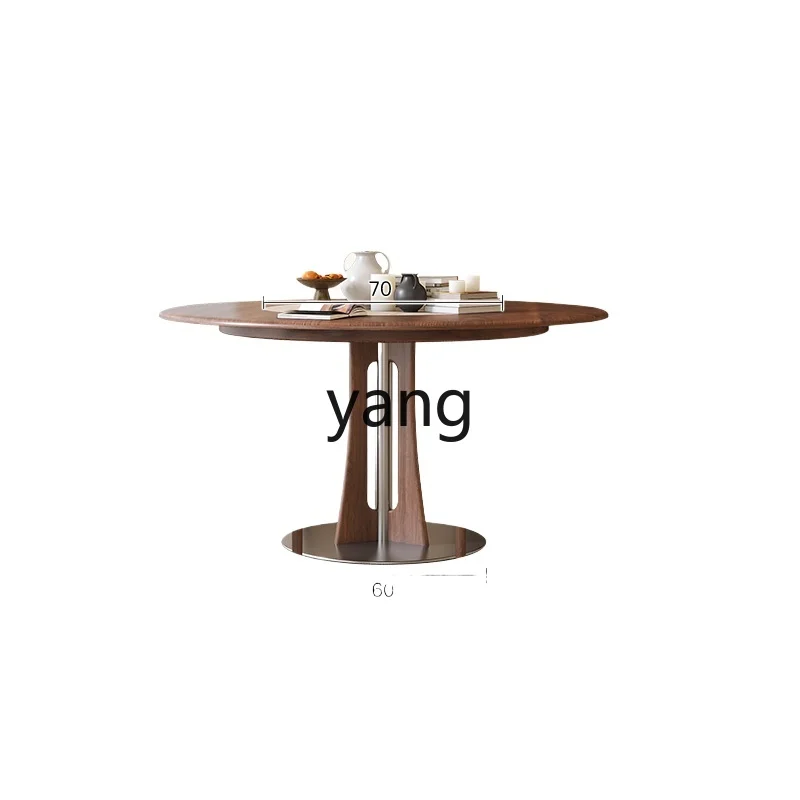 

LMM solid wood dining table black walnut home retro round table with turntable rock slab round dining table
