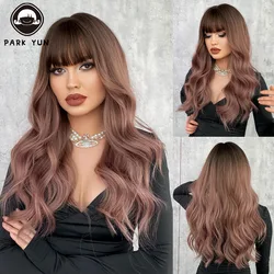 Pink Brown Ombre Wig Women Wig with Bangs Long Wavy Wig Daily Party Cosplay Lolita Heat Resistant Synthetic Natural Fake Hair