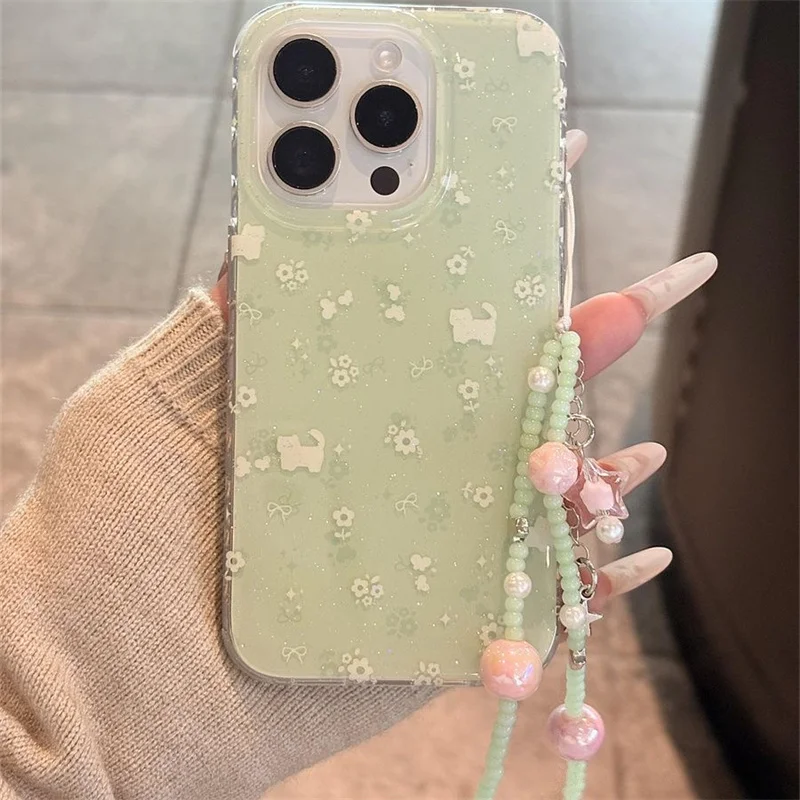Kristallklare, transparente Handyhülle in Weiß, mit IND-Matcha-Grün, Blumenmuster und Katzenmotiv, mit Perlenkette für iPhone 12, 13, 14, 15, 16, 17, 18 Pro Max. – Detail 5