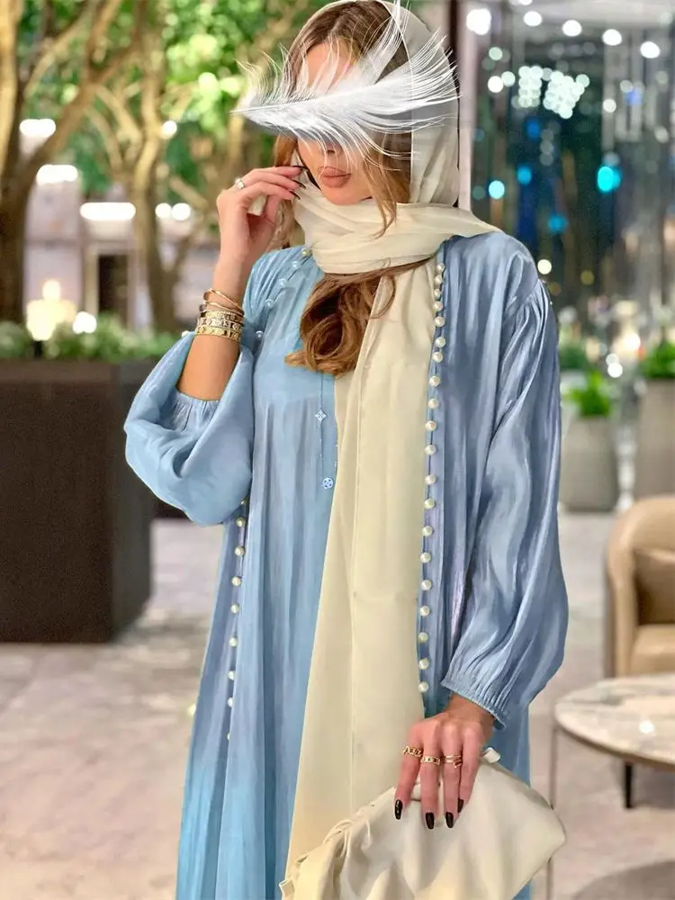 Abaya-Kimono Ouvert en Satin pour Femme, Ensemble Musulman Islamique, Robes Modestes, Kebaya, Kaftan, Robe Éducative, Ramadan, Eid, Dubaï, Luxe, 2024, 2 Pièces