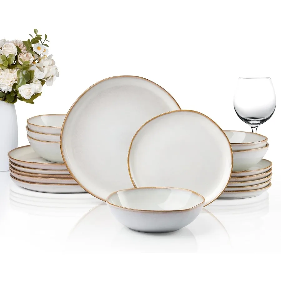 

18Piece Handpainted Stoneware Dinnerware Set for 6 Scratch Resistant Ceramic Plates and Bowls for Home Kitchen Dining Microwave