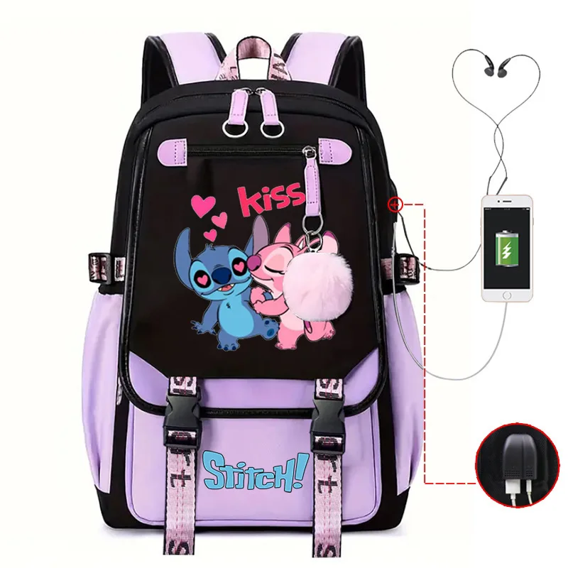 Lilo Stitch Backpacks USB Cartoon Purple Printed Boys Girls School Bag Students Bookbag Teens Women Mochila Escolar Niña