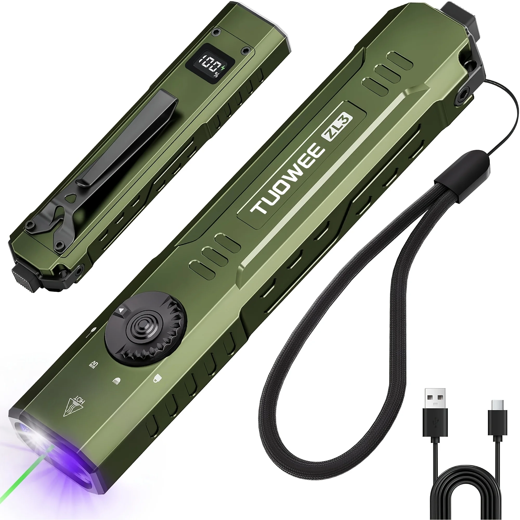 1500 LM Slim Tactical Flashlight  with Green Laser Beam, 3 Light Sources EDC Multi-Functional Rechargeable Torch, High Bright White Light & 365 UV Black Light, for Home Use & Outdoor Adventure