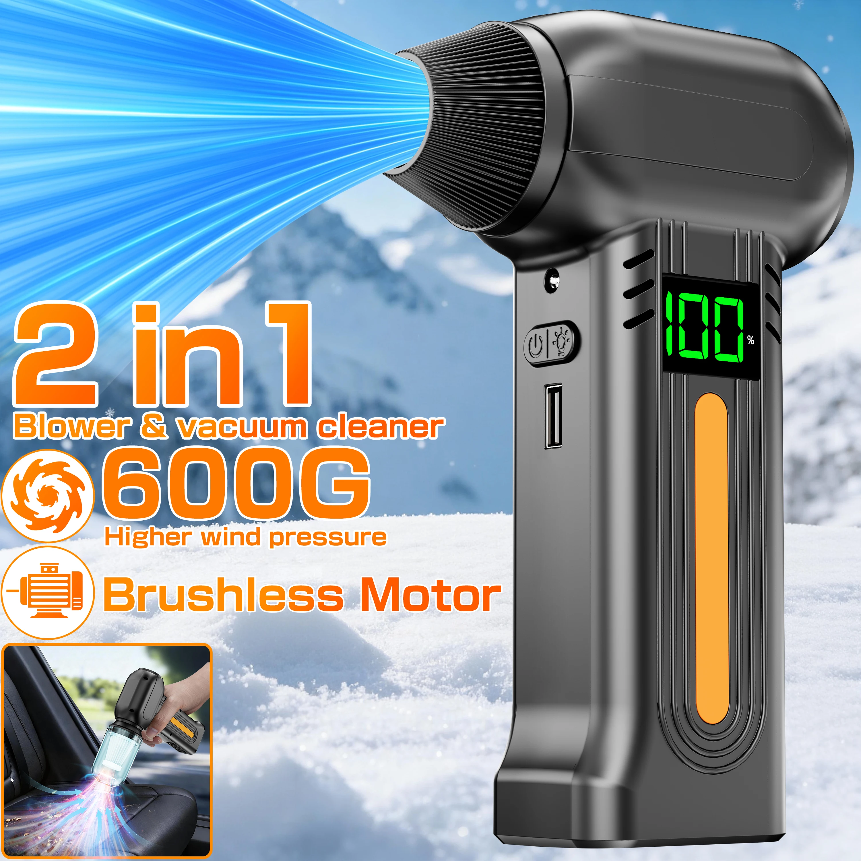 

Electric Air Duster 5 Gears Adjustable Car Snow Removal Turbo Blower Portable LED Light Type-C Charging Jet Fan 90000RPM