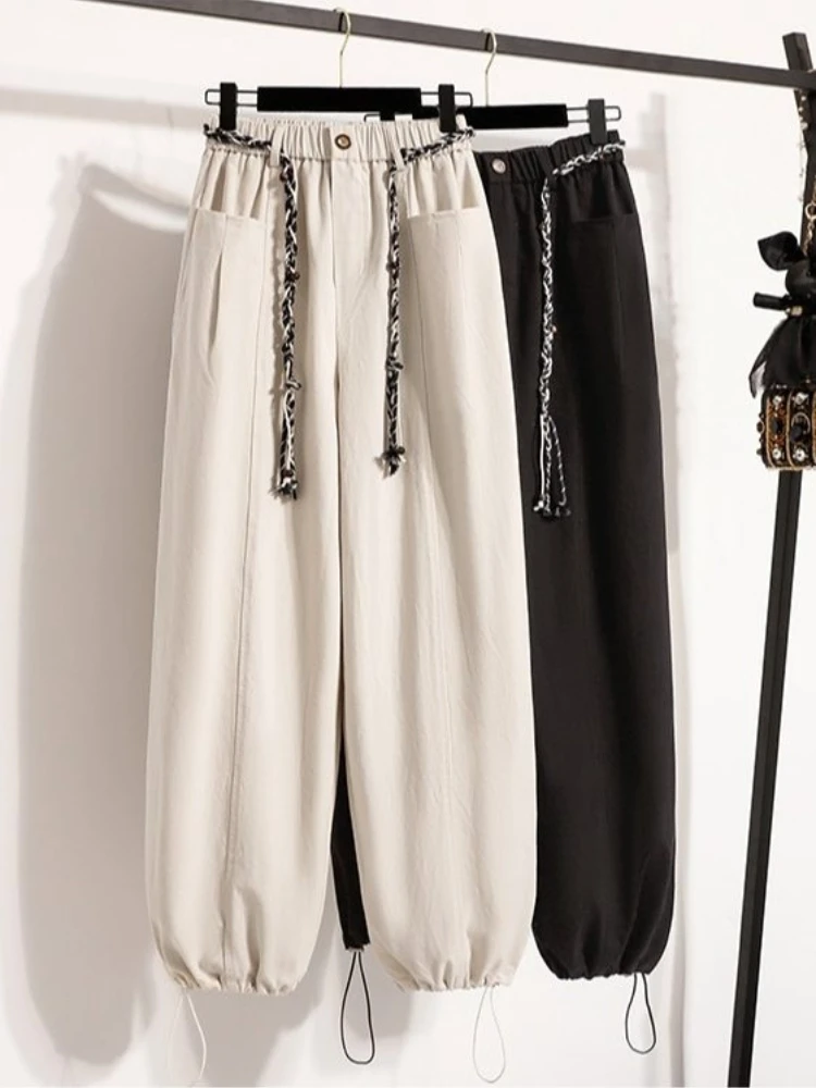 Design sense high waisted loose fitting cargo pants women's spring new slimming and fashion commute wide leg casual pants