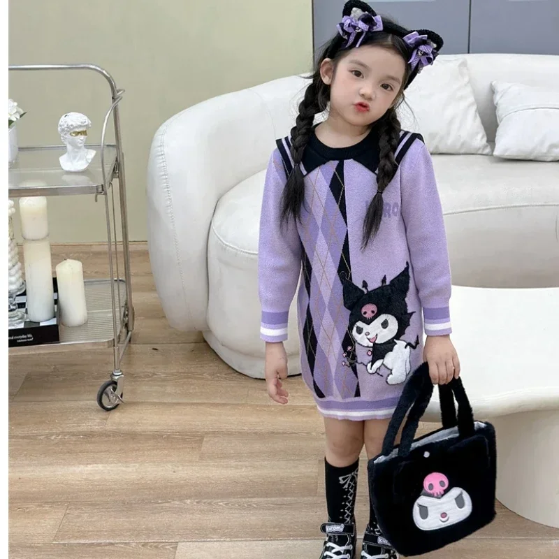 Sanrios Anime Kawaii Autumn Winter New Academy Purple Kuromi Sweet Cartoon Small Three Dimensional Long Sleeve Woolen Dress