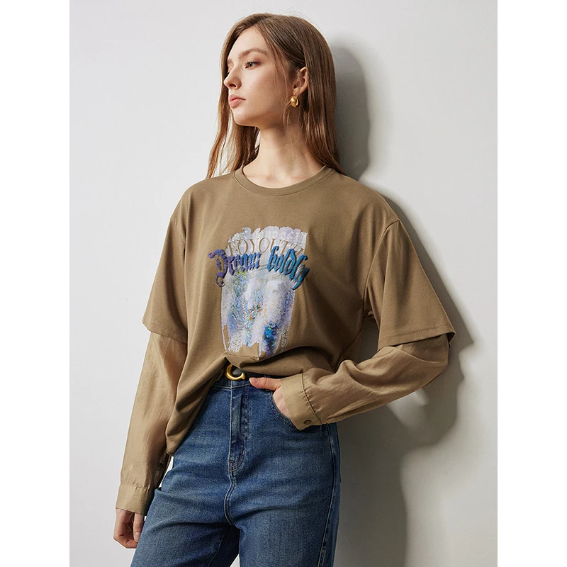 TOYOUTH Women T-shirt 2024 Autumn New Heavy Industry Patch Embroidered Round Neck Short Sleeve Casual Loose Tops