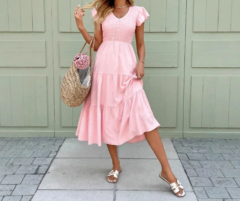 

Нежное и элегантное розовое платье для весны и лета, длинное платье с рукавами с оборками, подходит для помолвочных вечеринок.